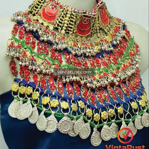 Ethnic Statement Choker Necklace With Red Glass Stones - Picture 2 of 11